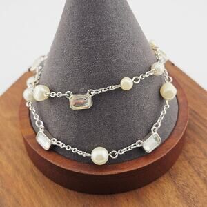 Silver Tone Double Strand Beaded Chain Bracelet Faux Pearl Accent Dainty Evening